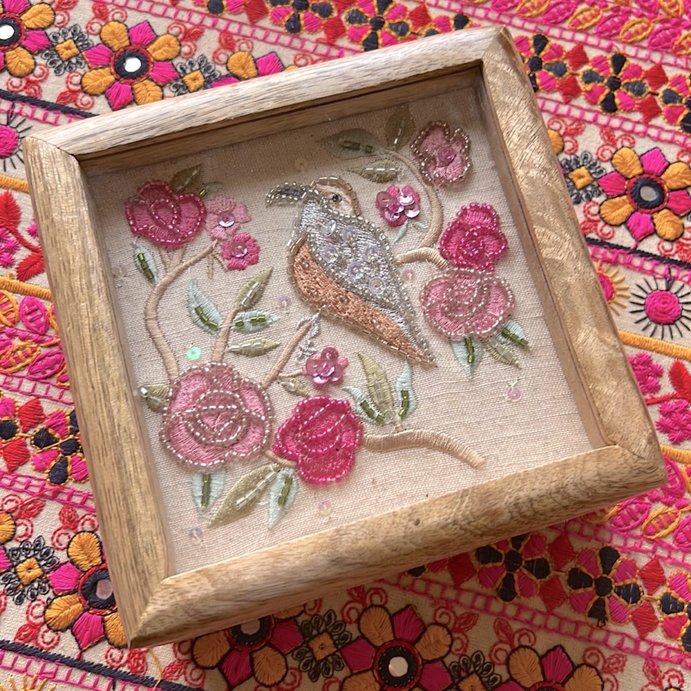 Small box Wooden Jewelry Keepsake canvas Floral Pattern beaded bird